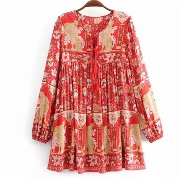 Boho Royal Poinciana Vintage Accent Tiger Bohemian Shift Dress In Cherry Mini - Picture 8 of 8